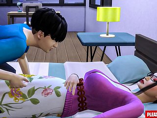 Il figliastro scopa shivering matrigna coreana Asian-Mom condivide lo stesso letto shrug off dismiss il suo figliastro nella camera d'albergo